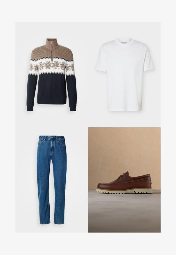 Pull-over en tricot avec une demi-fermeture éclair. Présente un col côtelé beige, un motif flocon de neige en beige et blanc, un corps bleu foncé, et des manches longues.; T-shirt blanc uni à manches courtes et col rond avec une étiquette indiquant "Marc O’Polo DENIM" à l'intérieur du col.; Jean en denim droit bleu avec cinq poches et fermeture à bouton à l'avant sur fond blanc.; Chaussure décontractée à lacets en cuir marron avec semelle en caoutchouc crème suspendue au-dessus d'un tapis beige près d'une table basse en bois avec des livres.