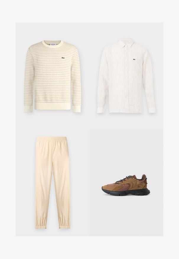 Pull en maille texturée crème et beige à manches longues et col rond, avec un petit logo crocodile vert Lacoste sur le côté gauche de la poitrine.; Chemise à rayures claires avec des manches longues, col boutonné et un petit logo vert sur la poche gauche de la poitrine. En coton.; Pantalon beige clair à taille élastique avec poignets froncés, coupe droite et tissu lisse, présenté sur un fond clair uni.; Chaussures de sport marron composées d'un mélange de daim et de matériaux synthétiques, avec une semelle en caoutchouc noire texturée et des lacets gris.