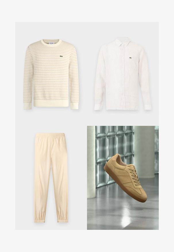 Pull en maille texturée crème et beige à manches longues et col rond, avec un petit logo crocodile vert Lacoste sur le côté gauche de la poitrine.; Chemise à rayures claires avec des manches longues, col boutonné et un petit logo vert sur la poche gauche de la poitrine. En coton.; Pantalon beige clair à taille élastique avec poignets froncés, coupe droite et tissu lisse, présenté sur un fond clair uni.; Baskets beiges en daim avec semelle en gomme, design à lacets, flottant à l'intérieur sur un sol en béton poli près d'un mur en blocs de verre.