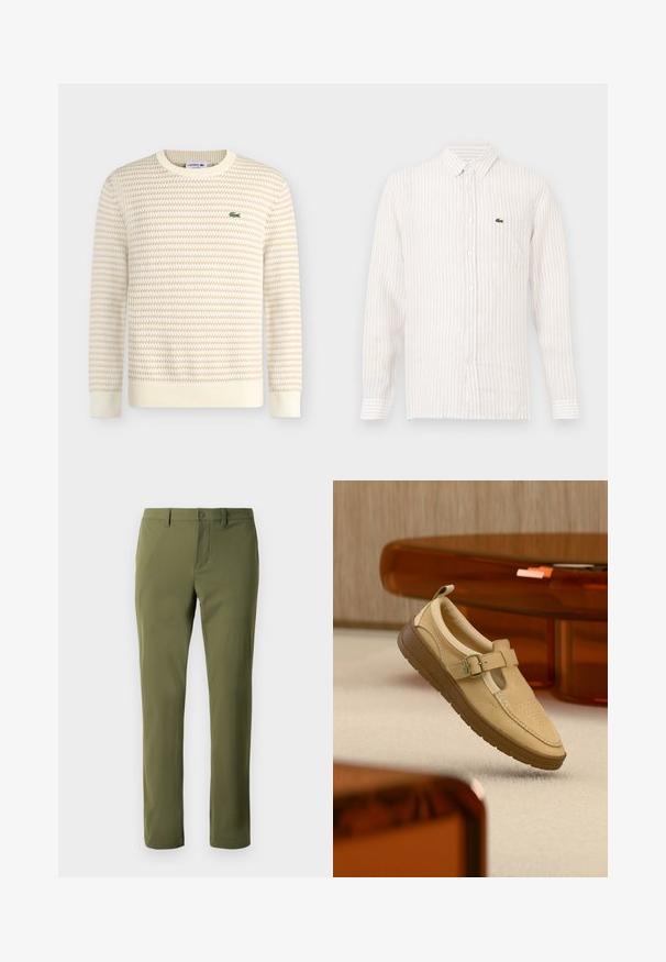 Crème en beige gestructureerde gebreide trui met lange mouwen en ronde hals, met een klein groen Lacoste krokodillenlogo op de linkerborst.; Lichtgekleurde gestreepte shirt met lange mouwen, button-down kraag en een klein groen logo op de linkerkant van de borstzak. Katoenen materiaal.; Olijfgroene broek van gladde stof met een rechte snit, voorzien van een knoopsluiting en riemlussen. Geen zichtbare patronen of accenten.; Beige leren instapschoen met gespsluiting en bruine rubberen zool, zwevend boven een licht tapijtvloer en in de buurt van amberkleurig doorschijnend meubilair.