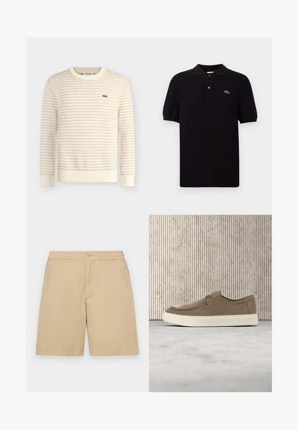 Pull en maille texturée crème et beige à manches longues et col rond, avec un petit logo crocodile vert Lacoste sur le côté gauche de la poitrine.; Polo noir en tissu tricoté, doté d'un col classique, de trois boutons et d'un logo de crocodile vert sur le côté gauche. Manches courtes.; Shorts en coton beige avec une coupe régulière, taille élastique, fermetures à boutons et poches latérales. Texture lisse, design à mi-cuisses.; Chaussure décontractée en daim marron clair à lacets avec semelle blanche flottant au-dessus d'un tapis beige et d'une table en bois marron en arrière-plan.
