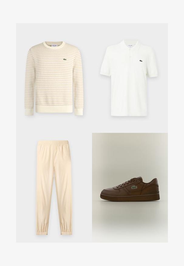 Pull en maille texturée crème et beige à manches longues et col rond, avec un petit logo crocodile vert Lacoste sur le côté gauche de la poitrine.; Polo-shirt blanc en coton lisse avec un col classique, patte de boutonnage à trois boutons et un petit logo crocodile vert sur la poitrine.; Pantalon beige clair à taille élastique avec poignets froncés, coupe droite et tissu lisse, présenté sur un fond clair uni.; Baskets basses en cuir marron avec un design à lacets et un logo crocodile vert sur le côté, présentées sur un fond neutre uni.