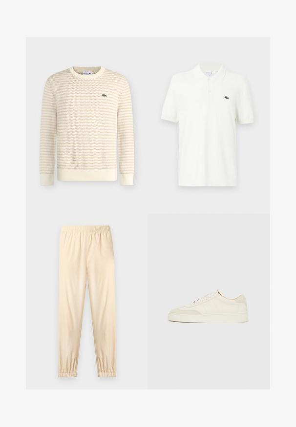 Pull en maille texturée crème et beige à manches longues et col rond, avec un petit logo crocodile vert Lacoste sur le côté gauche de la poitrine.; Polo-shirt blanc en coton lisse avec un col classique, patte de boutonnage à trois boutons et un petit logo crocodile vert sur la poitrine.; Pantalon beige clair à taille élastique avec poignets froncés, coupe droite et tissu lisse, présenté sur un fond clair uni.; Baskets en daim blanc à finition lisse, embout rond, design lacé plat, avec des accents texturés contrastants. Comprend un détail de logo subtil.