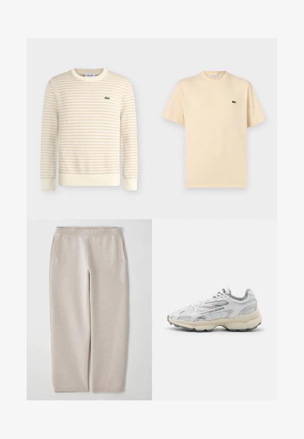 Jersey de punto texturizado en crema y beige con mangas largas y cuello redondo, que presenta un pequeño logo de cocodrilo Lacoste verde en el pecho izquierdo.; Camiseta beige de manga corta con cuello redondo y un pequeño logo verde de cocodrilo en el pecho izquierdo, mostrada sobre un fondo blanco.; Pantalones de chándal beige fabricados con tejido suave, que cuentan con una cinturilla ancha, bolsillos laterales y piernas ajustadas para un ajuste relajado.; Zapatillas deportivas blancas con detalles en gris, parte superior de malla y sintético, diseño de cordones, y suela de goma texturizada con patrones de tracción.