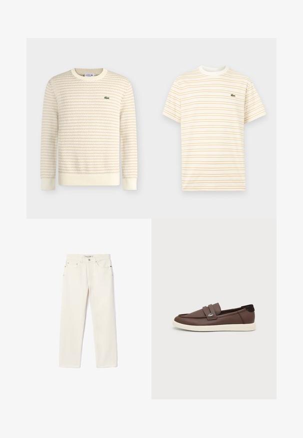 Fløde- og beige tekstureret striktrøje med lange ærmer og rund hals, med en lille grøn Lacoste krokodillelogo på venstre bryst.; Kortærmet T-shirt med rund hals og tynde horisontale beige striber på en hvid baggrund, med en lille grøn krokodillelogo på brystet.; Cremefarvede denimjeans med lige ben, der har to forlommer, en knaplukning og diskret branding nær taljen.; Brun læderloafer med hvid gummisål, slip-on design og lille metallisk krokodillelogo på sidelænet.