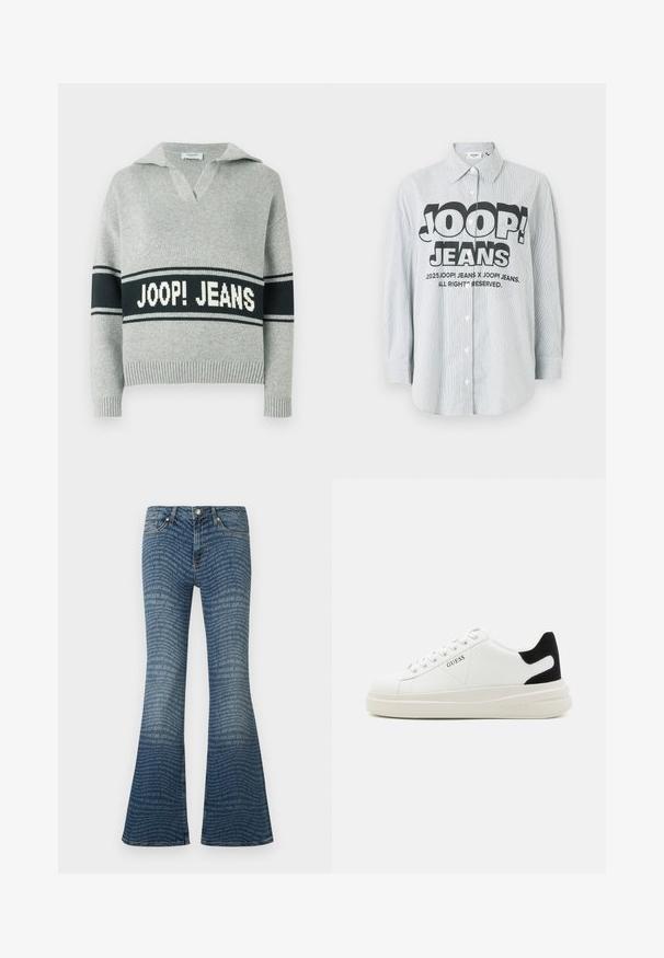 Lysegrå striktrøje med bred sort stribe og hvid "JOOP! JEANS" tekst over brystet, åben krave samt ribstrikkede manchetter og kant.; Stribet skjorte med knapper i lyseblåt og hvidt stof. Har et markant sort logo "JOOP! JEANS" på forsiden, med lange ærmer.; Blå vidde jeans med gentaget "JOOP! JEANS" logo mønster over det hele og klassisk fem-lomme design.; Hvide lædersneakers med en tyk hvid sål, sort ruskindhælvægt og prægede logoer på siden. Snørebåndsdesign med seks øjer.