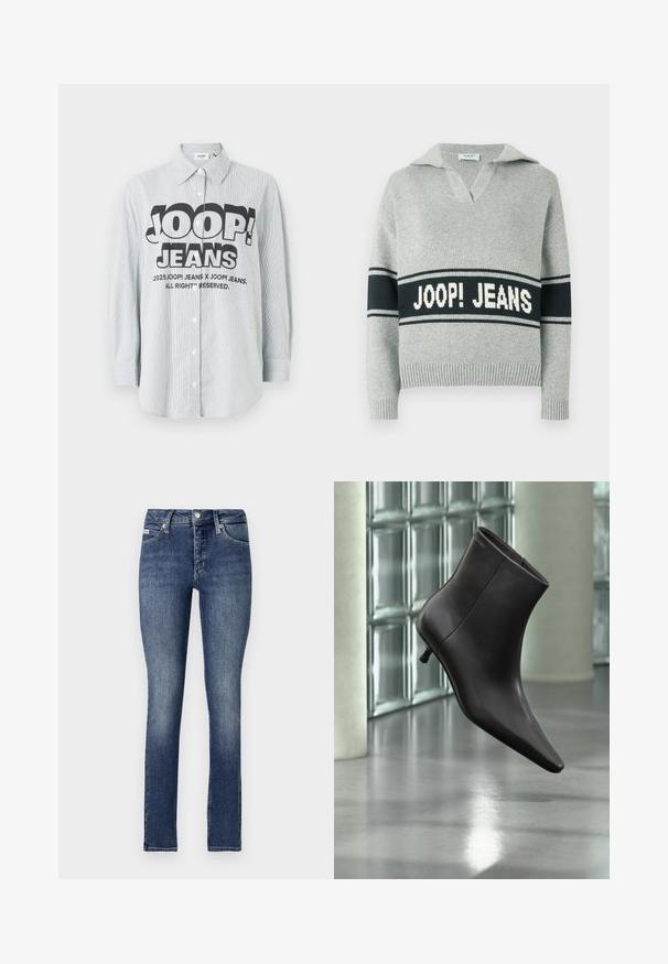 Helehall triiksärk laia musta triibu ja valge "JOOP! JEANS" kirjadega rinnal, avatud krae ning soonikkoes mansetid ja alläär.; Triibuline nööpidega särk hele sinises ja valges kangas. Esiküljel on julge must logo "JOOP! JEANS", pikkade varrukatega.; Kitsas sobivusega teksad tumedas pesus, millel on keskmise kõrgusega vöökoht, viis taskut, nähtavad õmblused ja nup closure vöökoht.; Mustast nahast pahkluu saabas terava varbaotsaga ja väikese kontsaga, esitletud klaasplokkidest seina ja poleeritud põranda taustal.