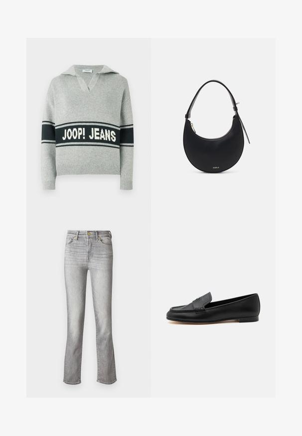 Lysegrå striktrøje med bred sort stribe og hvid "JOOP! JEANS" tekst over brystet, åben krave samt ribstrikkede manchetter og kant.; Grå denim jeans med lige ben design, der har en frontknaplukning, fem lommer og subtilt slid for tekstur.; Sort læderloafer med lav hæl, syninger og en lille metallisk detalje på vristen.; Sort læder skuldertaske med en buet form, lynlåslukning og detaljer i guld-tone. Har et logo på forsiden og en slank rem.