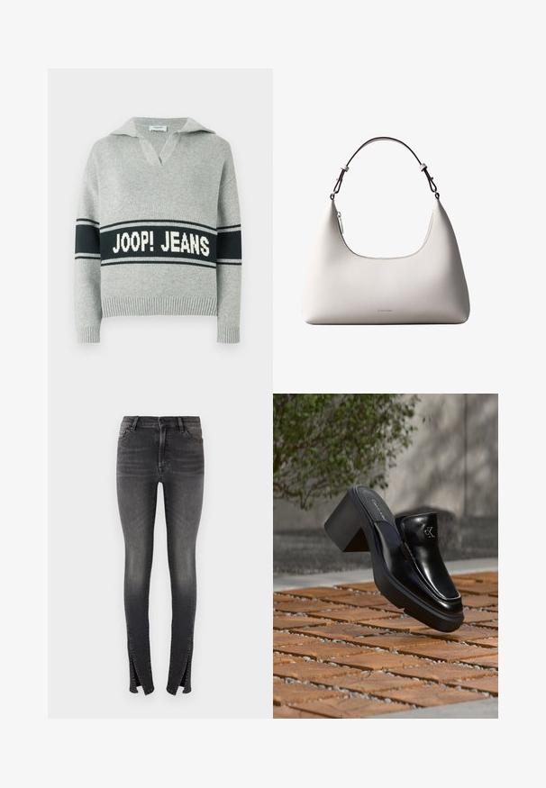 Svetlosivý pletený sveter so širokým čiernym pruhom a bielym nápisom "JOOP! JEANS" cez hruď, otvorený golier a rebrované manžety a lem.; Chudé džínsy v tmavosivej denimovej látke, s vysokým pásom, prednými vreckami a jedinečnými rozparky na členkoch pre moderný dizajn.; Čierne kožené šľapky Calvin Klein s blokovým podpätkom, ktoré oddychujú na drevených dlaždiciach vonku blízko zelenej rastliny a šedej steny.; Krémová kožená kabelka Calvin Klein cez rameno s oblým horným okrajom, strieborným zipsom a tmavo hnedým nastaviteľným remienkom.