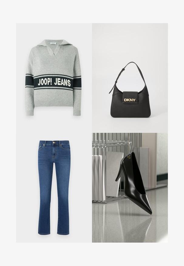 Pull en maille gris clair avec une large bande noire et le texte blanc "JOOP! JEANS" sur la poitrine, col ouvert, poignets et ourlet côtelés.; Jean patte d'éléphant bleu en denim, avec un design classique à cinq poches, une fermeture éclair et un bouton en laiton. Texture lisse et couleur uniforme.; Chaussure noire à talon haut avec bout pointu et logo doré, posée sur une surface réfléchissante près d'un organiseur de dossiers en fil chromé contenant des documents.; Sac en cuir noir à épaule avec une forme structurée, mettant en avant un logo doré "DKNY" à l'avant et une sangle courte et réglable.