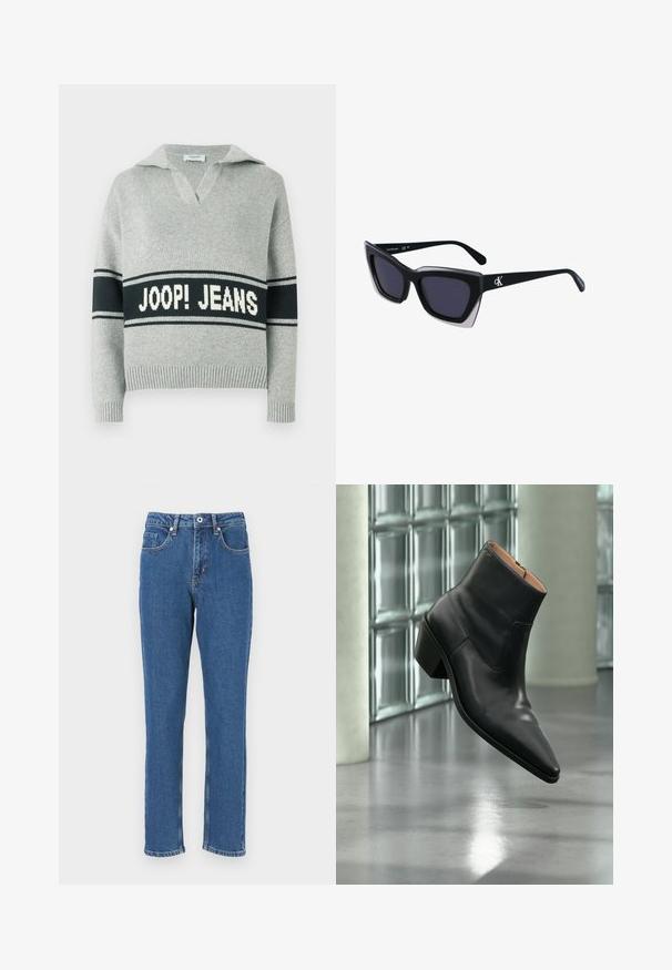 Svetlosivý pletený sveter so širokým čiernym pruhom a bielym nápisom "JOOP! JEANS" cez hruď, otvorený golier a rebrované manžety a lem.; Modré džínsy s rovnými nohavicami, s vysokým pásom, prednými vreckami a viditeľným šitím pozdĺž švov.; Čierna kožená členková obuv s ostrou špičkou a blokovým podpätkom vznášajúca sa nad odrazovou sivou podlahou pri stene zo sklenených blokov.; Čierne oversized slnečné okuliare s geometrickým tvarom, s tmavými šošovkami a kontrastným šedým detailom na ráme. Logo na mostíku.