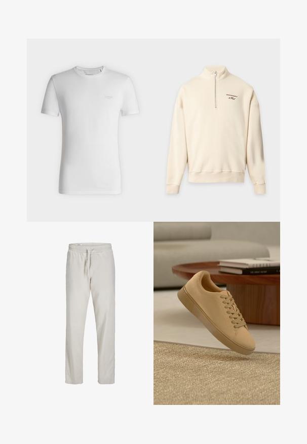 Sweat-shirt couleur crème avec fermeture éclair quart, col montant et petit logo Abercrombie & Fitch sur la poitrine gauche.; T-shirt blanc à manches courtes et col rond avec petit logo GUESS embossé sur le côté gauche de la poitrine, présenté sur un fond clair uni.; Pantalon en lin beige clair avec taille élastique et cordon à l’avant, coupe droite, sans poches visibles.; Baskets beiges à lacets flottant au-dessus d'un tapis texturé avec une table basse en bois et des livres empilés en arrière-plan flou.