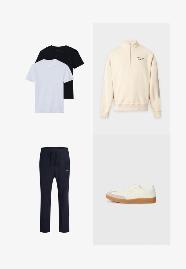 Sweat-shirt couleur crème avec fermeture éclair quart, col montant et petit logo Abercrombie & Fitch sur la poitrine gauche.; Deux t-shirts à manches courtes et col rond, un noir et un blanc, fabriqués en coton doux avec une texture côtelée. Design à coupe classique.; Pantalon décontracté bleu marine avec taille élastique et cordon, jambes droites, et petit texte brodé en or sur la hanche droite.; Baskets en cuir blanc avec une coque beige et une semelle en caoutchouc marron clair. Dotées de lacets blancs plats et d'un logo embossé sur le côté.