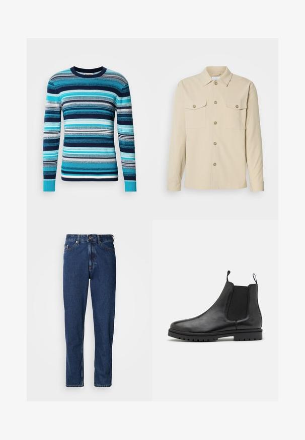Strikket sweater med rund hals, prydet med vandrette striber i forskellige nuancer af blå, hvid og grå. Blød tekstur, lange ærmer.; Beige skjorte med knapper lavet af glat stof, har to brystlommer, en klassisk krave og fem frontknapper. Lange ærmer med manchetter, der kan lukkes med knap.; Mørkeblå jeans lavet af denim, med lige ben, fem-lommer stil og synlige syninger langs sømmene.; Sorte læder Chelsea støvler med elastiske sidepaneler, trækkemærker og en struktureret gummisål med et slidbane mønster.