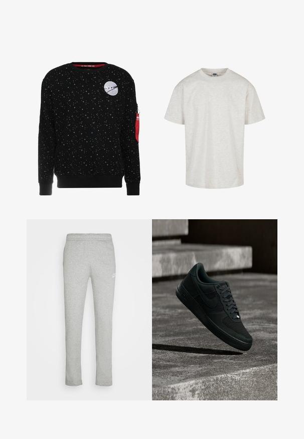 Alpha Industries NASA TAPE - Collegepaita - black; Vaaleanharmaa puuvillapaita, jossa on lyhyet hihat, pyöreä pääntie ja rento malli. Teksturoidusta kankaasta, jossa on hienovarainen melange-kuvio.; Harmaat collegehousut pehmeästä kankaasta, joissa on suora leikkaus, joustava vyötärö ja pieni valkoinen logo vasemmassa reisissä.; Musta Nike Air Force 1 -tennari, jossa on verkko- ja nahkakuvioita, leijuu matalassa valaistuksessa teksturoitujen betoniporrasten yläpuolella.