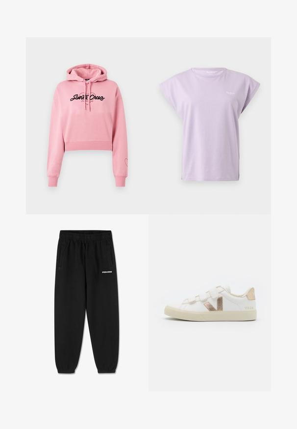 Lyserød cropped hoodie lavet af blødt materiale, med et sort logo der har et hjerte design, lange ærmer og ribbede manchetter.; Lavendelfarvet T-shirt med korte ærmer og rund halsudskæring, med opsmøgede ærmer og lille hvidt logo på venstre bryst mod ensfarvet baggrund.; Sorte sweatpants lavet af blødt stof, med snoretræk i taljen, tætsiddende ben og sidelommer. "PEGADOR" logo i hvid på fronten.; Hvide sneakers med velcro-stropper, beige accenter, struktureret guld 'V'-logo og en cremefarvet gummisål. Glat læderoverdel.