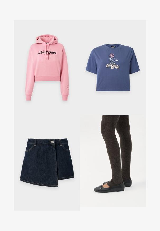Lyserød cropped hoodie lavet af blødt materiale, med et sort logo der har et hjerte design, lange ærmer og ribbede manchetter.; Beskarpet blå t-shirt lavet af bomuld, med et centralt grafik af en pink blomst og grønne blade samt teksten "Santa Cruz".; Jeansskørt med en mørk vask, A-formet design, frontlukning med knapper og subtile syninger. Har en sidelukning.; Ben iført mørke ribbede leggings kombineret med sorte balletsko med små sløjfedetaljer på hvid baggrund.