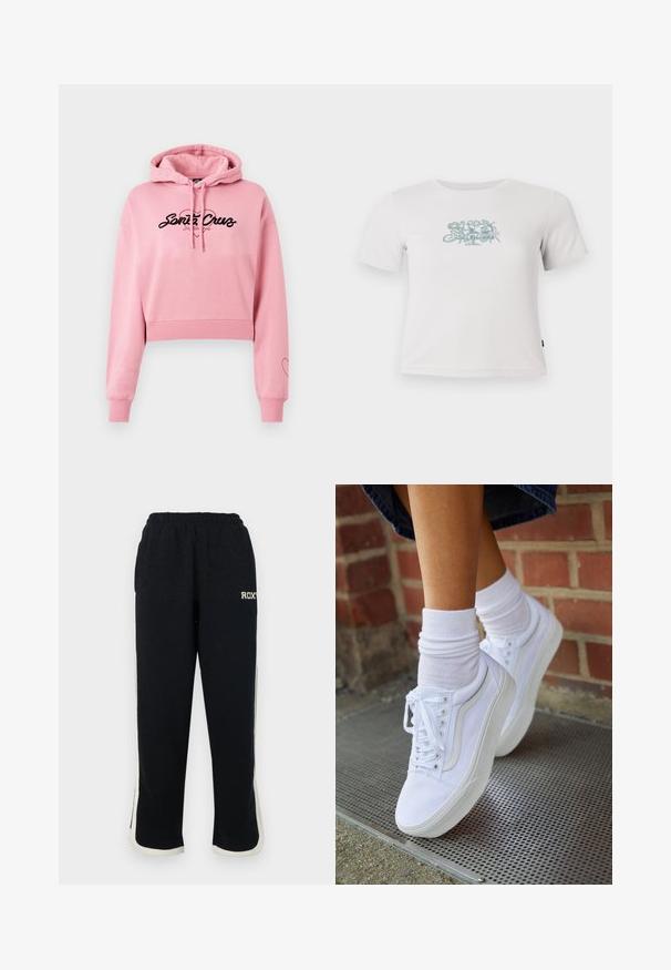 Sudadera recortada rosa hecha de material suave, con un logo negro que presenta un diseño de corazón, mangas largas y puños acanalados.; Camiseta blanca de manga corta con coste ribeteado y un pequeño gráfico floral verde centrado en el pecho.; Pantalones de chándal negros con cintura elástica, franjas laterales blancas y un pequeño logo en la parte delantera. Fabricados con una tela suave y texturizada.; Zapatillas de lona blancas con suelas de goma, que presentan seis ojales, puntera redonda y detalles de costura ligera, combinadas con calcetines blancos hasta el tobillo.