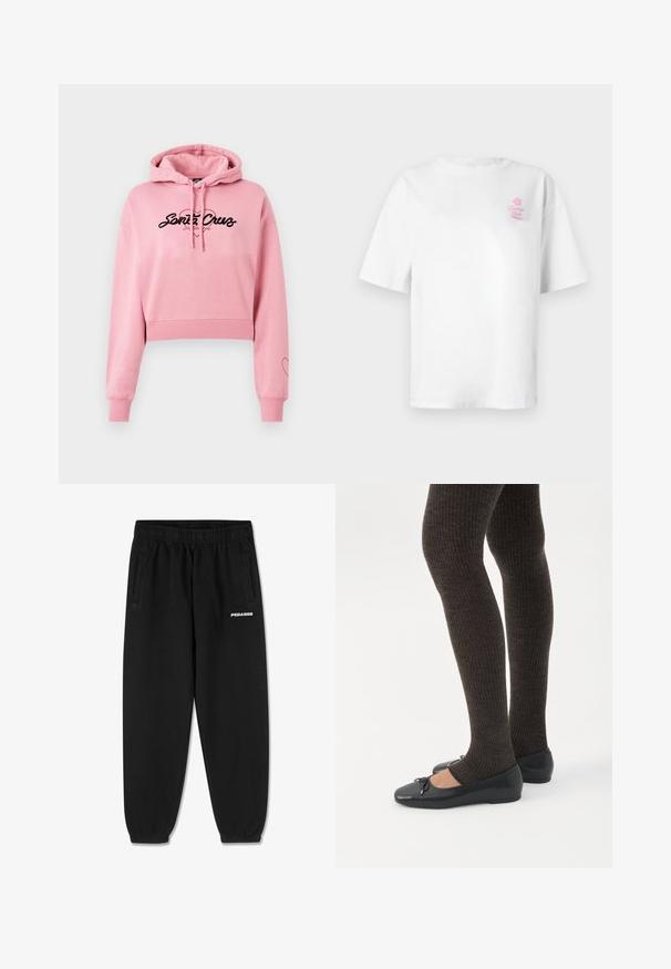 Lyserød cropped hoodie lavet af blødt materiale, med et sort logo der har et hjerte design, lange ærmer og ribbede manchetter.; Hvid bomuld t-shirt med korte ærmer, rund halsudskæring, med lille lyserødt "Vacation Club" logo på venstre bryst.; Sorte sweatpants lavet af blødt stof, med snoretræk i taljen, tætsiddende ben og sidelommer. "PEGADOR" logo i hvid på fronten.; Ben iført mørke ribbede leggings kombineret med sorte balletsko med små sløjfedetaljer på hvid baggrund.