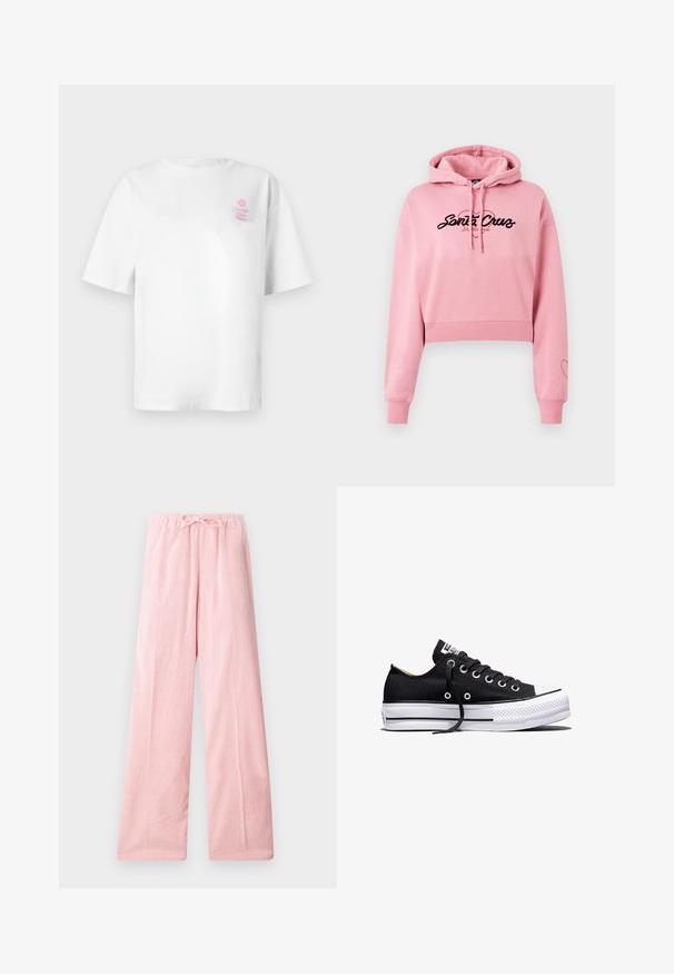Haut court rose en matériau doux, avec un logo noir au design en coeur, des manches longues et des poignets côtelés.; T-shirt en coton blanc à manches courtes, col rond, avec un petit logo rose "Vacation Club" sur le côté gauche de la poitrine.; Pantalons large rose clair en tissu doux, dotés d'une taille élastique avec cordon de serrage pour un ajustement réglable et une texture subtile.; Baskets basses en toile noire avec semelle plateforme en caoutchouc blanche, lacets noirs et œillets métalliques sur fond blanc.
