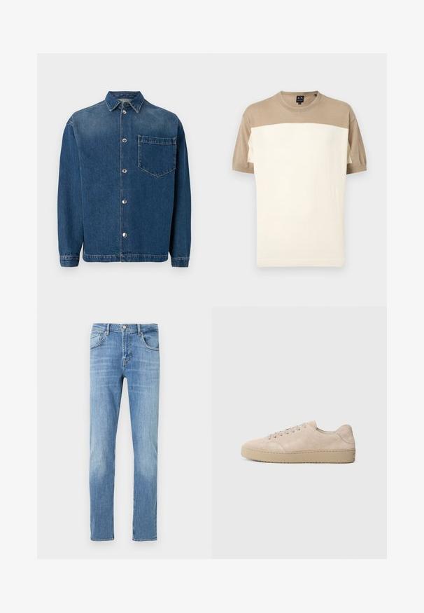 Kortærmet sweater med rund hals i beige øverste sektion og ærmer samt et bredt off-white område nederst, vist på ensfarvet baggrund.; Mørkeblå denimskjorte med knaplukning foran, krave og en enkelt brystlomme. Glat tekstur og klassisk pasform. Sølvknapper som hardware.; Lyseblå denimjeans med lige snit. Har knapgylp, fem lommer og let falmning på lårene. Klassisk syningsdetalje.; Beige ruskinds sneaker med en rund tå, flade snørebånd og en tekstureret gummisål. Minimalistisk design med glatte kanter og diskret syning.