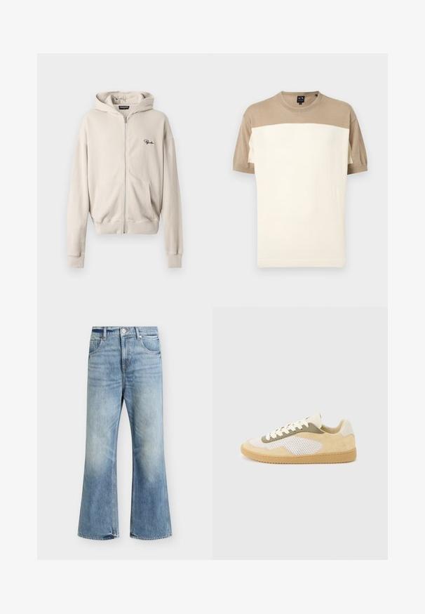 Pull à manches courtes et col rond avec une partie supérieure et des manches beige, et un large panneau inférieur crème, présenté sur un fond uni.; Haut à capuche zippé beige en tissu côtelé, doté d'une poche avant, d'une texture douce et d'un petit logo noir sur la poitrine gauche.; Jean bleu clair taille haute jambe large, fermeture devant par bouton et zip, deux poches avant et délavage subtil sur les cuisses et les genoux.; Baskets basses en daim beige, panneaux en maille blanche, accents olive, lacets blancs et semelle en caoutchouc naturel sur fond gris clair.