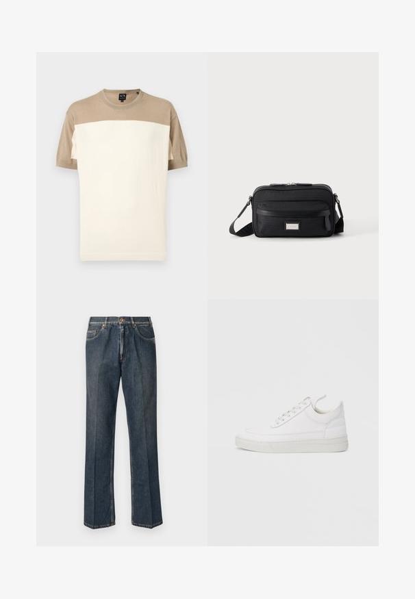 Kurzärmeliger Pullover mit rundem Ausschnitt, beige Oberteil und Ärmel sowie einem breiten, cremefarbenen unteren Teil, vor einfachem Hintergrund dargestellt.; Dunkelblaue, gerade Jeans aus Denim mit vorderem Knopf, Reißverschluss, doppelten vorderen Taschen und sichtbaren vertikalen Falten entlang der Beine.; Weißer Ledersneaker mit abgerundetem Zehenbereich, flacher Sohle und Schnürverschluss. Verfügt über Nahtdetails und einen gepolsterten Kragen für zusätzlichen Komfort.; Schwarze rechteckige Umhängetasche mit vorderer Reißverschlusstasche, verstellbarem Riemen und silberner rechteckiger Logo-Plakette auf einfarbigem Hintergrund.