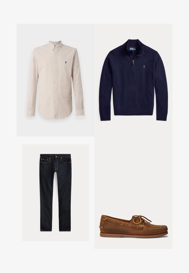 Tumesinine pika varrukaga kampsun neljandiku lukuga kraega ja väikese tikitud Polo Ralph Laureni logoga rinnal.; Triibuline pikkade varrukatega särk kreemja ja heledat pruuniga, millel on nööbiga krae ja väike tumesinine logo rinna peal.; Tumedassinised kitsad teksad viie tasku, nööp-kinnituse ja kontrastõmblustega, tasapinnal heledal taustal.; Pruun nahast paatjalats mokasiinõmblusega, paela detail metallist silmuste kaudu tõmmatud ja lame kummist tald küljepealt vaadatuna.