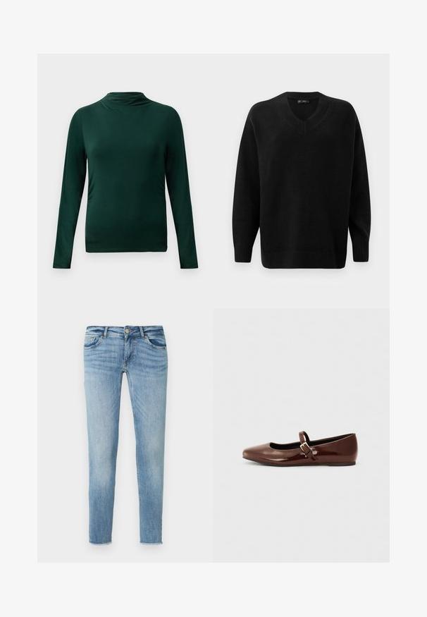 Sort v-hals sweater lavet af blødt strikket materiale. Har lange ærmer, ribbede manchetter og kant, samt et tekstureret mønster nær halsudskæringen.; Mørkegrøn langærmet let top med høj hals og tætsiddende silhuet mod en ensfarvet lys baggrund.; Lyseblå denimjeans med slank pasform, fem lommer, knaplukning og subtil falmning. Foret er let frynset.; Brun patentlæder balletflade med firkantet tå og strop med en lille guldbuckle. Glat tekstur, lav hæl og minimalistisk design.