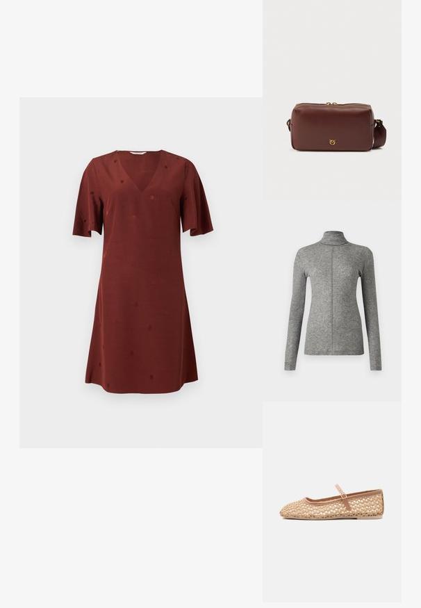Pull à col roulé gris à manches longues, confectionné en tissu doux et texturé. Présente une couture sur le devant et une silhouette ajustée. Aucun motif ni accent présent.; Robe courte marron avec col en V, manches courtes et texture subtile à pois, présentée sur un fond clair uni.; Chaussure plate tissée beige avec une fine bride ajustable et une petite boucle dorée sur fond blanc.; Sac bandoulière en cuir marron de forme rectangulaire, avec une fermeture éclair dorée et un détail de logo métallique à l'avant. Bandoulière réglable incluse.