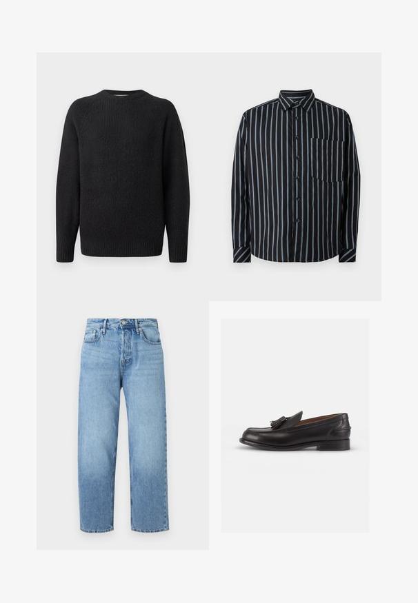 Pull en tricot noir avec un col rond, texture côtelée et manches longues. Design simple sans logos visibles ni ornements.; Chemise noire à boutons avec des rayures verticales bleues, manches longues, col et poche poitrine. Tissu lisse, coupe décontractée, boutons standard.; Jean en denim bleu clair avec une coupe droite, taille haute, cinq poches et décoloration subtile. Se ferme par un bouton et possède des passants de ceinture.; Mocassins en cuir noir avec un bout arrondi, ornés d'un gland décoratif à l'avant et d'un petit talon. Texture lisse avec des détails de couture subtils.