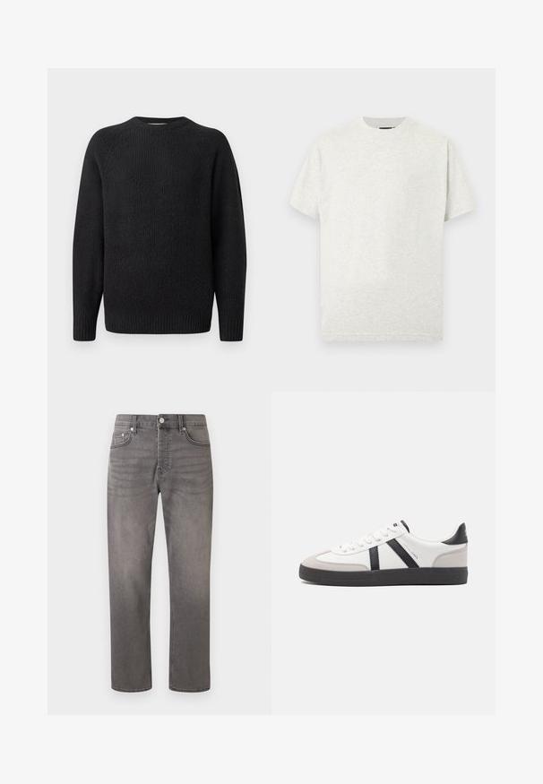 Pull en tricot noir avec un col rond, texture côtelée et manches longues. Design simple sans logos visibles ni ornements.; T-shirt en coton gris clair avec col rond, manches courtes et texture lisse. Design simple sans motifs ni accents visibles.; Jean gris à jambes droites avec bouton avant, fermeture éclair, passants de ceinture et design classique à cinq poches sur fond blanc.; Baskets blanches avec des accents noirs et gris, présentant un embout texturé gris, une semelle en caoutchouc noir et des lacets plats blancs. Design épuré, style minimaliste.