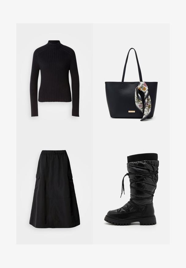 Pull col roulé noir à côtes avec des manches longues, design ajusté et surface texturée. Fabriqué en tissu tricoté extensible.; Jupe noire à coupe décontractée, en tissu lisse. Elle possède une taille élastique et deux poches cargo latérales. Design de longueur mi-mollet.; Bottes noires montantes en cuir avec une texture matelassée, dotées d'un laçage, d'un revers côtelé contrastant en haut et d'une semelle épaisse et robuste.; Sac fourre-tout en cuir noir avec deux poignées, orné d'une écharpe en soie florale attachée à la poignée et d'un accent logo métallique à l'avant.