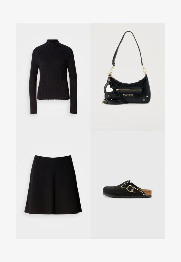 Sort rippet turtleneck sweater med lange ærmer, tætsiddende design og struktureret overflade. Fremstillet af et strækbart strikket stof.; Sort flagrende nederdel lavet af blødt stof, med en tætsiddende talje og sømdetaljer. Glat tekstur med et enkelt, klassisk design.; Sort ruskindsklap med afrundet tå, korksål, guldfarvede nitter og spænde detaljer samt et åbent design bagtil for nem påtagning.; Sort Valentino håndtaske med gyldent lynlås, logoplaket, hjerteformet spejlcharme og aftagelig rem på lys baggrund.
