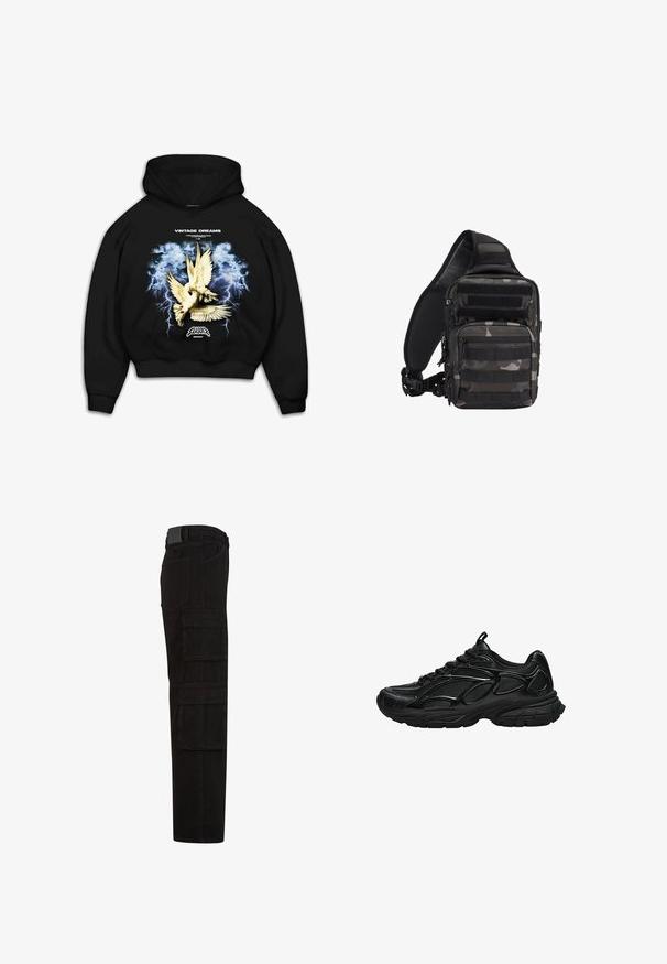 Schwarzer Kapuzenpullover mit einem grafischen Druck von Tauben vor einem stürmischen blauen Hintergrund mit Blitz. Der Text lautet "VINTAGE DREAMS."; Schwarze Cargohose mit mehreren großen Überschlagtaschen, Gürtelschlaufen und geradem Beinanschnitt, seitlich dargestellt.; Schwarzer Sportschuh mit Mesh- und synthetischem Obermaterial, dicker gepolsterter Sohle und Schnürverschluss, seitlich auf weißem Hintergrund gezeigt.; Kompakte schwarze und graue Camouflage-Taktik-Slingtasche mit mehreren Reißverschlussfächern und verstellbarem, gepolstertem Schultergurt.
