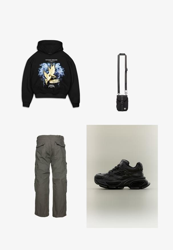 Sweat-shirt à capuche noir avec un imprimé graphique de colombes sur un fond bleu orageux avec des éclairs. Le texte indique "RÊVES VINTAGE."; Pantalons cargo en vert olive, avec de multiples poches latérales, une coupe décontractée et des poignets ajustables pour un maintien sûr. Tissu en coton durable.; Baskets noires épaisses avec un design texturé, semelle épaisse et fermeture à lacets, présentées sur un fond neutre uni.; Sac en bandoulière noir en tissu avec sangle réglable, rabat avant et poche zippée. Doté de quincaillerie de marque et d'une forme rectangulaire compacte.