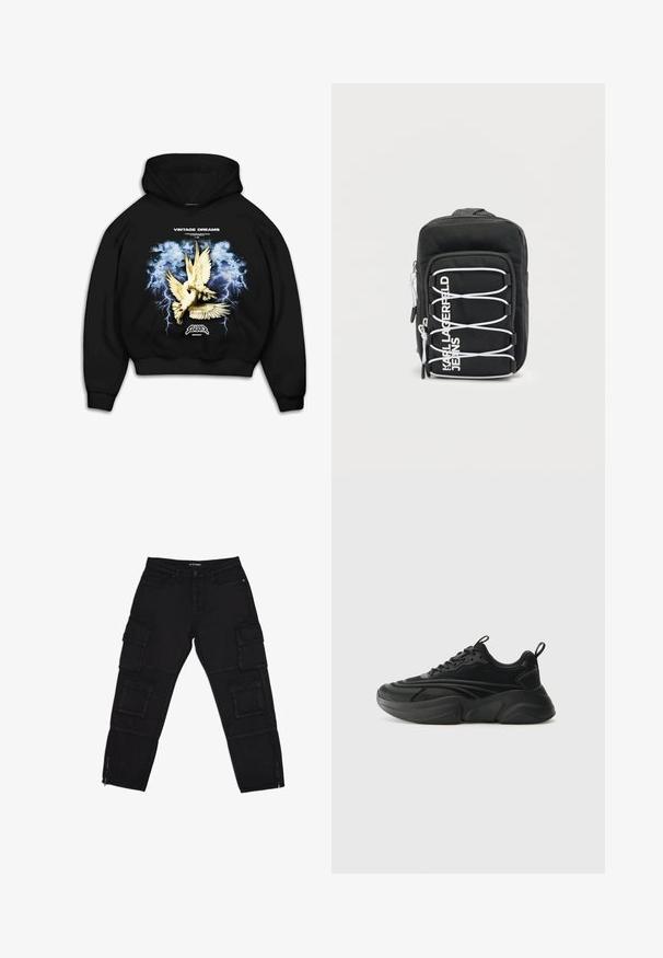 Schwarzer Kapuzenpullover mit einem grafischen Druck von Tauben vor einem stürmischen blauen Hintergrund mit Blitz. Der Text lautet "VINTAGE DREAMS."; Schwarze Cargo-Hosen aus robustem Stoff, ausgestattet mit mehreren Cargotaschen, Reißverschluss-Ärmeln und geraden Beinen mit dezenten Nähdetails.; Schwarze Sportschuhe mit einer runden Sohle, strukturiertem Obermaterial und gepolstertem Kragen. Verfügt über Schnürung, Zuglasche und geschichtete Designelemente.; Schwarzer kompakter Rucksack mit weißem elastischem Kordeldetail auf der Vorderseite und vertikalem weißen "Karl Lagerfeld Jeans"-Schriftzug auf der Fronttasche.
