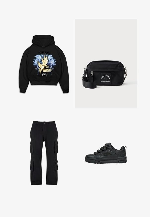 Sweat-shirt à capuche noir avec un imprimé graphique de colombes sur un fond bleu orageux avec des éclairs. Le texte indique "RÊVES VINTAGE."; Pantalons cargo noirs en tissu coton, dotés de plusieurs poches latérales, d'une coupe décontractée et d'une jambe droite.; Baskets noires basses avec une semelle épaisse, un col rembourré, des panneaux en mesh et des lacets épais, affichées sur un fond blanc.; Sac en nylon noir à bandoulière avec fermeture éclair, sangle ajustable et un patch de marque blanc arborant "Karl Lagerfeld Paris". Design compact.