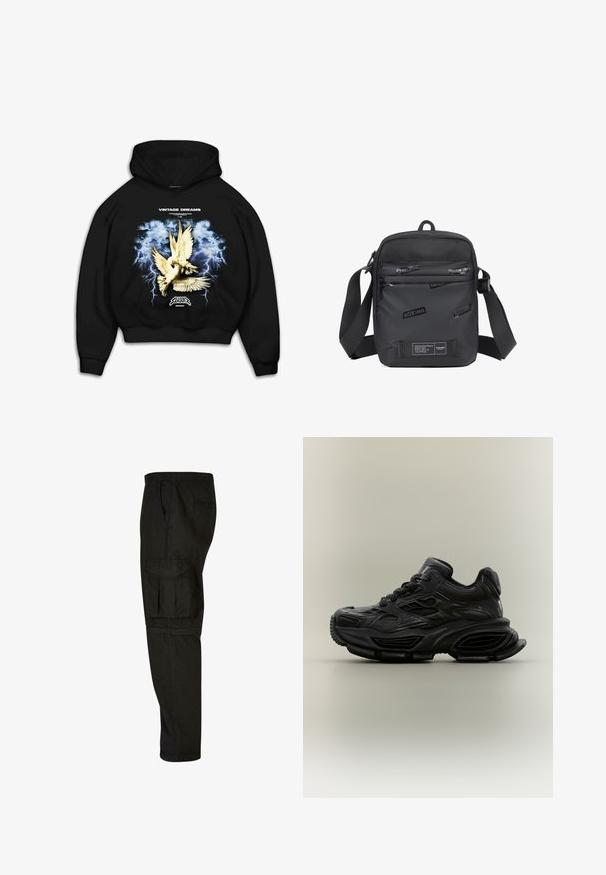Zwarte hoodie met een grafische print van duiven tegen een stormachtige blauwe achtergrond met bliksem. Tekst leest "VINTAGE DREAMS."; Zwarte cargobroek met een relaxte pasvorm, elastische tailleband, zijzakken en een grote cargozak op de dij. Zacht, lichtgewicht stof.; Zwarte chunky sneaker met textuurontwerp, dikke zool en vetersluiting, weergegeven tegen een eenvoudige neutrale achtergrond.; Zwarte schoudertas van duurzaam materiaal, met een getextureerd voorpaneel met reliëf logo's, een verstelbare schouderband en ritsvakken.