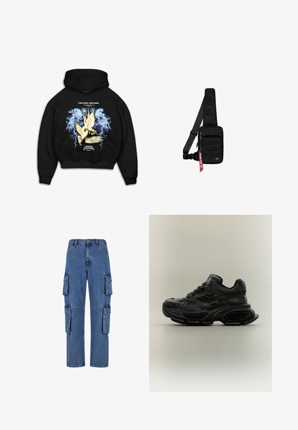 Sweat-shirt à capuche noir avec un imprimé graphique de colombes sur un fond bleu orageux avec des éclairs. Le texte indique "RÊVES VINTAGE."; Pantalons cargo en denim bleu, avec des jambes larges, quatre grandes poches latérales et des coutures contrastées. La texture est lisse avec une finition décolorée.; Baskets noires épaisses avec un design texturé, semelle épaisse et fermeture à lacets, présentées sur un fond neutre uni.; Sac bandoulière noir en tissu texturé. Comprend un compartiment principal à fermeture éclair, une poche avant avec sangle, une bandoulière réglable et une étiquette décorative.