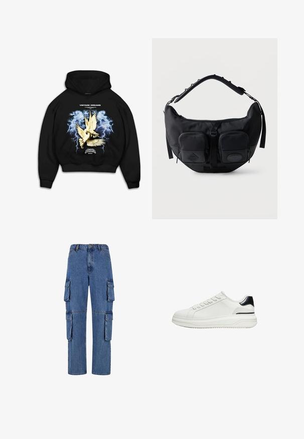 Schwarzer Kapuzenpullover mit einem grafischen Druck von Tauben vor einem stürmischen blauen Hintergrund mit Blitz. Der Text lautet "VINTAGE DREAMS."; Blaue Denim-Cargo-Hosen mit weitem Bein, vier großen seitlichen Taschen und kontrastierenden Nähten. Die Textur ist glatt mit einer verwaschenen Optik.; Weißer Sneaker mit niedrigem Schaft, Schnürung vorne und schwarzem Fersen-Detail auf dicker Sohle, seitlich auf weißem Hintergrund gezeigt.; Schwarze, sichelförmige Schultertasche mit gepolstertem, verstellbarem Riemen und zwei vorderen Reißverschlusstaschen mit Zuglaschen.