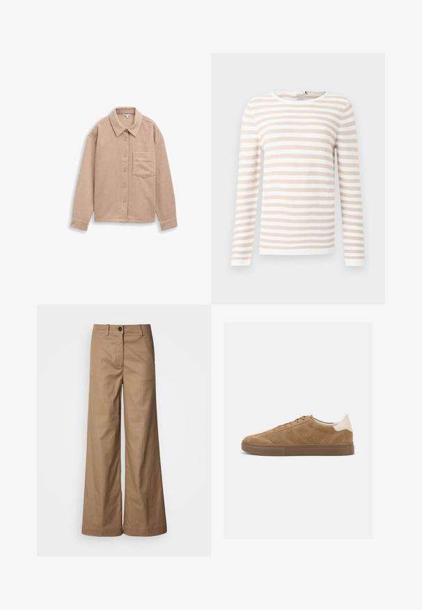 Langærmet stribet top i beige og hvid, lavet af tekstureret stof med rund halsudskæring og lige skæring forneden.; Beige corduroy skjortejakke med krave, fem-knaps lukning og en enkelt brystlomme. Blød tekstur med lodret ribb.; Bredde benbukser lavet af glat, tan stof. Har en frontlukning med knap, bæltestropper og sidelommer. Rene linjer uden synlige mønstre.; Lavtop brun ruskind sneaker med matchende gummisål og hvid polstret hælkrave, vist i sideprofil på hvid baggrund.