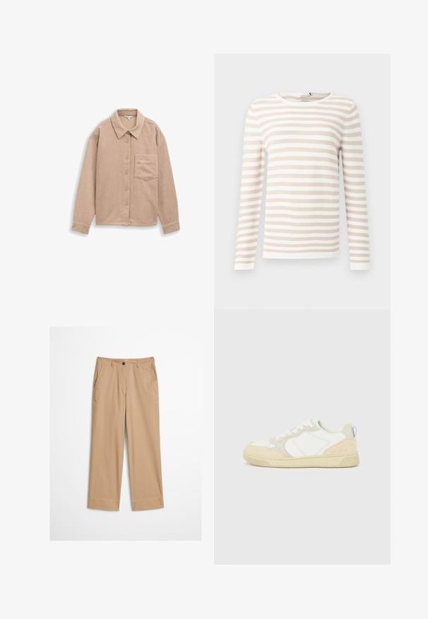 Langærmet stribet top i beige og hvid, lavet af tekstureret stof med rund halsudskæring og lige skæring forneden.; Beige corduroy skjortejakke med krave, fem-knaps lukning og en enkelt brystlomme. Blød tekstur med lodret ribb.; Beige bomuldsbukser med lige ben, knaplukning foran og en glat tekstur. Har standard bærestropper og flad frontdesign.; Hvid og beige sneaker med en overdel i ruskind og tekstil, med kontrastsyninger, en gummisål og en lyseblå detalje på hælen.