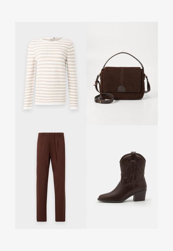 Langærmet stribet top i beige og hvid, lavet af tekstureret stof med rund halsudskæring og lige skæring forneden.; Brune bukser med flad front, tapered ben, snor i taljen og en glat tekstur. Designet med to for-pletter for ekstra detalje.; Brune læder cowboystøvler med spidse tæer, præget vinge mønster, en midhøj blokhæl og en pull-tab bagpå.; Brun ruskinds messenger taske med en flad frontklap, brune læderdetaljer, en justerbar rem og minimalistisk design.