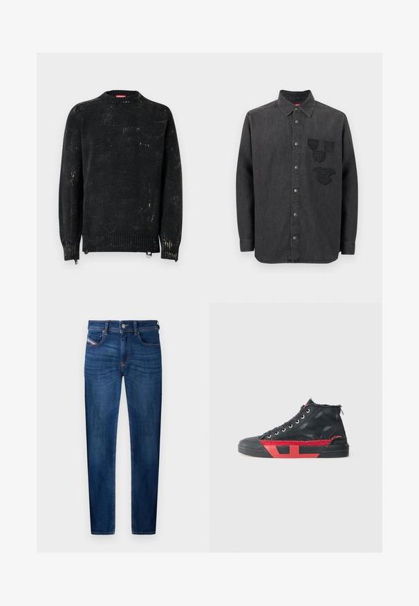 Sort strikket sweater med rund hals, ribbede manchetter og kant. Har en slidte tekstur med lysere mærker. Sidelommer med lynlåse til justering.; Sort denimskjorte med knaplukning foran, lange ærmer, krave og tre broderede mærker på venstre bryst. Struktureret stof.; Mørkeblå denim jeans med lige ben, fem-lomme design, synlige syninge detaljer og metal knaplukning.; Sort høj-top sneakers med røde accenter og en forslidt finish. Har et struktureret kanvasoverdel og en gummisål med udsnit.