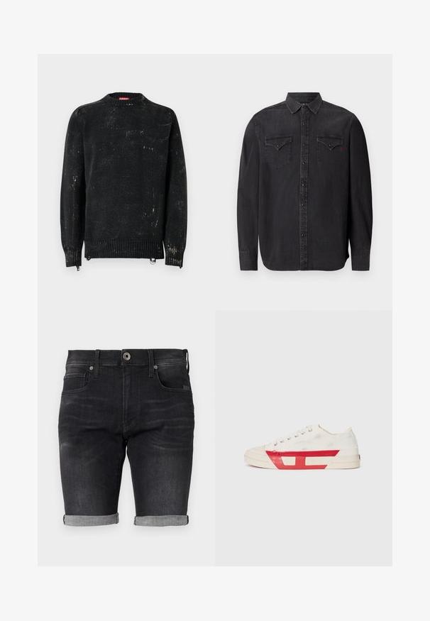 Suéter negro tejido con cuello redondo, puños y dobladillo acanalados. Presenta una textura desgastada con marcas más claras. Cremalleras laterales para ajuste.; Camisa de mezclilla negra de manga larga con cuello clásico, cierres de botones a presión, dos bolsillos en el pecho y un sutil detalle de logo rojo.; Pantalones cortos de mezclilla negra con un diseño ajustado, dobladillos enrollados y una cinturilla clásica que cuenta con un cierre de botón delantero y bolsillos laterales.; Zapatilla de lona con parte superior blanca, acentos de goma roja y un diseño texturizado. Presenta una puntera redonda y cinco ojetes para los cordones.