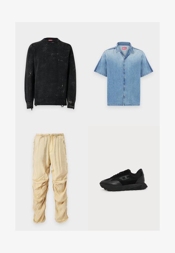 Pull noir en maille avec un col rond, des poignets et un ourlet côtelés. Présente une texture usée avec des marques plus claires. Fermetures éclair latérales pour ajustement.; Chemise en jean à manches courtes bleu clair avec bords effilochés, boutons sur le devant et col pointu. Présente une étiquette de marque rouge au niveau du cou.; Pantalons cargo en nylon beige clair avec cordons de serrage réglables à la taille et poches zippées, conçus avec des détails en tissu froncé et superposé.; Baskets basses noires avec semelle texturée, dessus en mesh et cuir, fermeture à lacets devant, et petit logo embossé sur le panneau latéral.