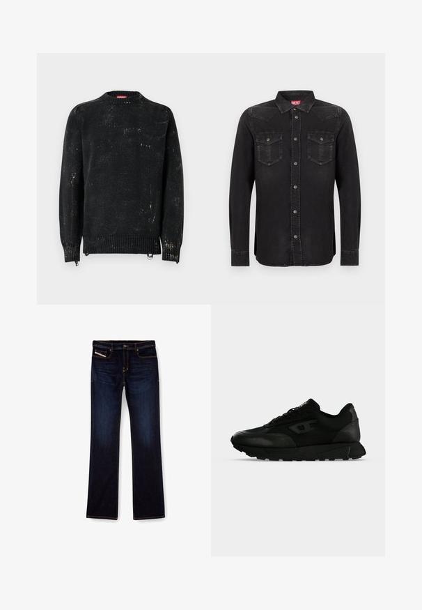 Zwarte gebreide trui met een ronde hals, geribbelde manchetten en zoom. Heeft een verweerde textuur met lichtere markeringen. Zijritsen voor aanpassing.; Zwart denim shirt met lange mouwen, drukknoopsluiting, puntkraag en twee borstzakken. Heeft een lichte glans en contrasterende stiknaden.; Donkerblauwe denim jeans met een rechte pijp, voorzien van oranje stiksels, een ritssluiting en voorzakken. Glad oppervlak en een standaard tailleband.; Zwarte lage sneaker met gestructureerd leer en stoffen panelen, vetersluiting en dikke rubberen zool op een effen lichte achtergrond.