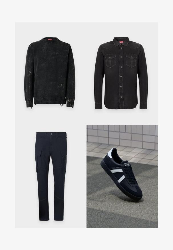Pull noir en maille avec un col rond, des poignets et un ourlet côtelés. Présente une texture usée avec des marques plus claires. Fermetures éclair latérales pour ajustement.; Chemise en denim noir à manches longues avec boutons-pression, col pointu et deux poches avant. Présente un léger éclat et des coutures contrastées.; Pantalons cargo en tissu bleu marine foncé avec plusieurs poches, y compris des poches cargo sur les côtés, et des détails de couture visibles. Design ajusté.; Sneaker en cuir noir avec des rayures blanches, semelle en caoutchouc texturée et devant à lacets. Présente une étiquette de marque sur la languette.