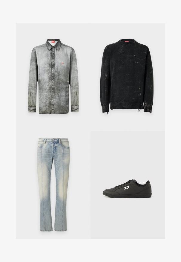 Pull noir en maille avec un col rond, des poignets et un ourlet côtelés. Présente une texture usée avec des marques plus claires. Fermetures éclair latérales pour ajustement.; Chemise à manches longues en denim gris délavé avec un col boutonné, comportant un petit logo rouge sur la poitrine et un tissu texturé.; Jean en denim bleu clair avec une coupe droite, couture double, poches avant et finition délavée. Aucun logo visible.; Baskets synthétiques noires avec une semelle noire texturée, un bout rond et des lacets plats noirs. Logo blanc remarquablement placé sur le côté extérieur.